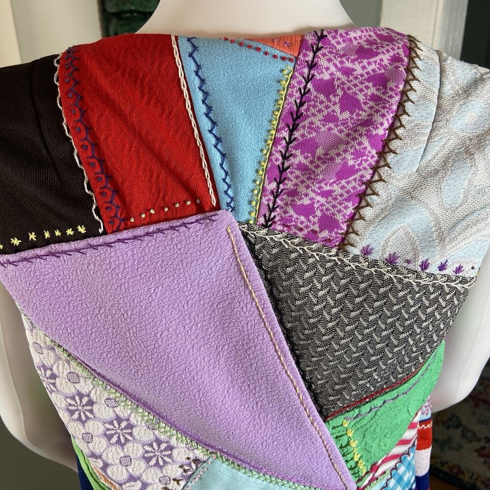 Vintage 60s 70s Polyester Patchwork Crazy Quilt Vest XS/S Handmade Embroidered - Picture 6 of 13